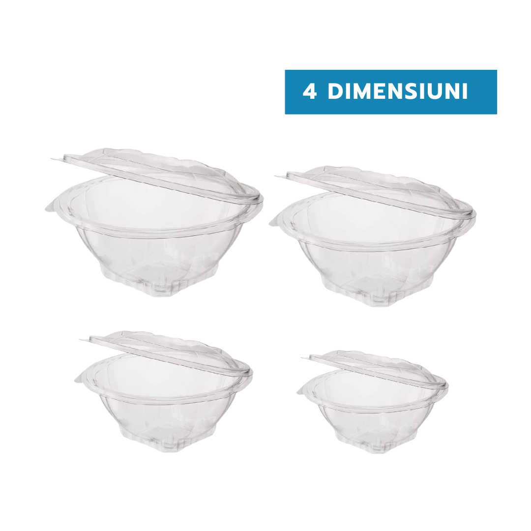 Caserole plastic rotunde pentru salata cu capac atasat, 250, 375, 500 si 1000 ml, 100 buc/set